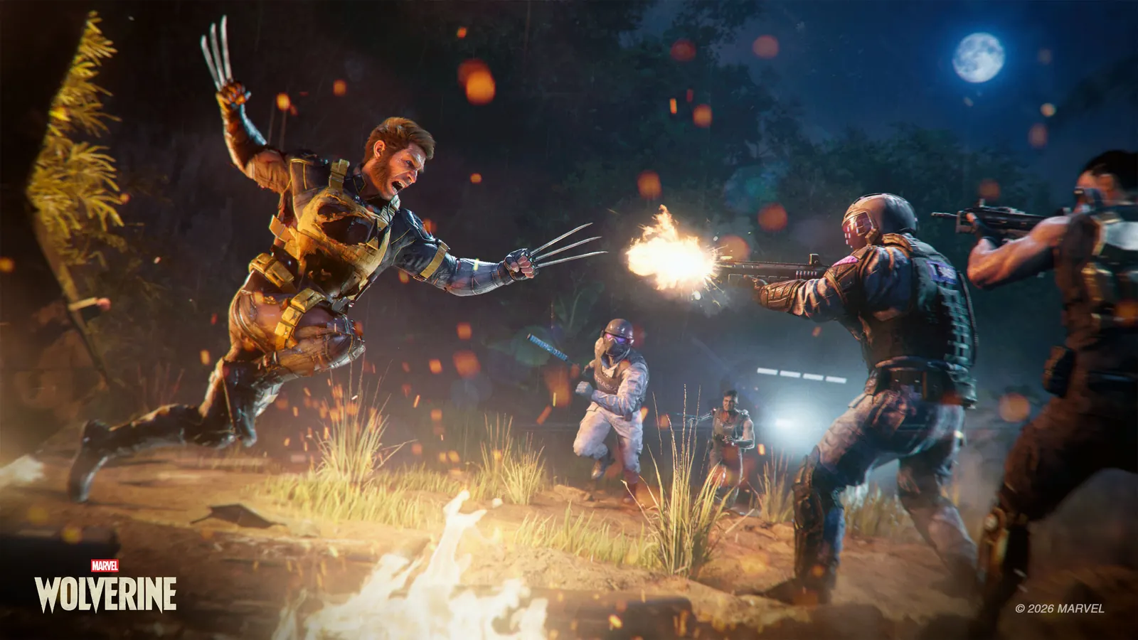 Wolverine ataca a un grupo de mercenarios armados durante la misión nocturna en Telembang en Marvel's Wolverine