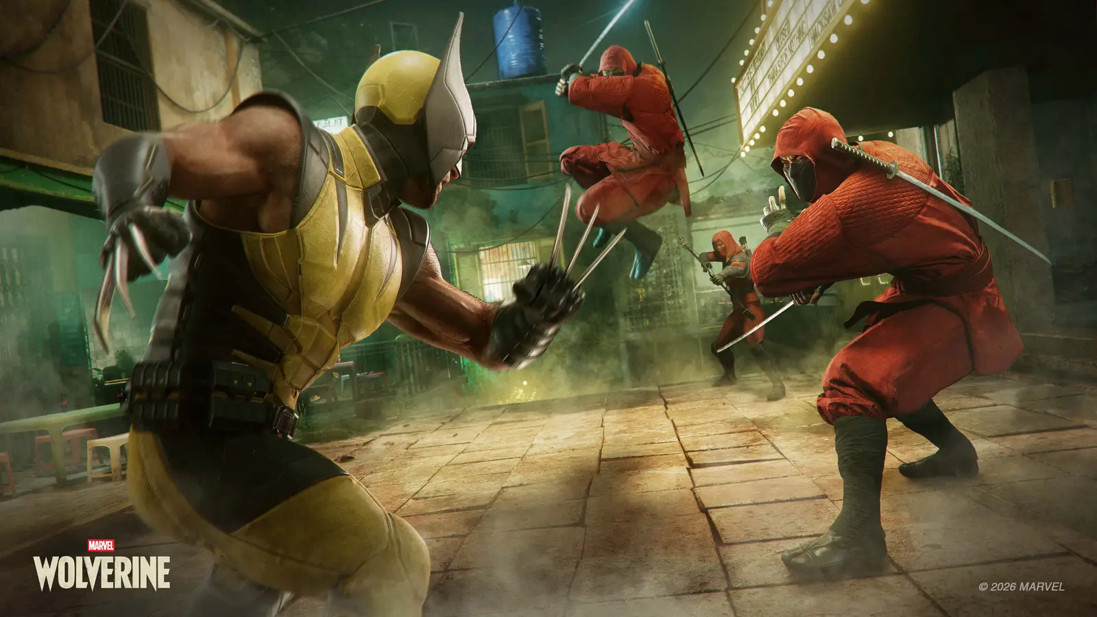 Wolverine pelea con las garras desplegadas contra ninjas de rojo de The Hand en una calle de Madripoor en Marvel's Wolverine