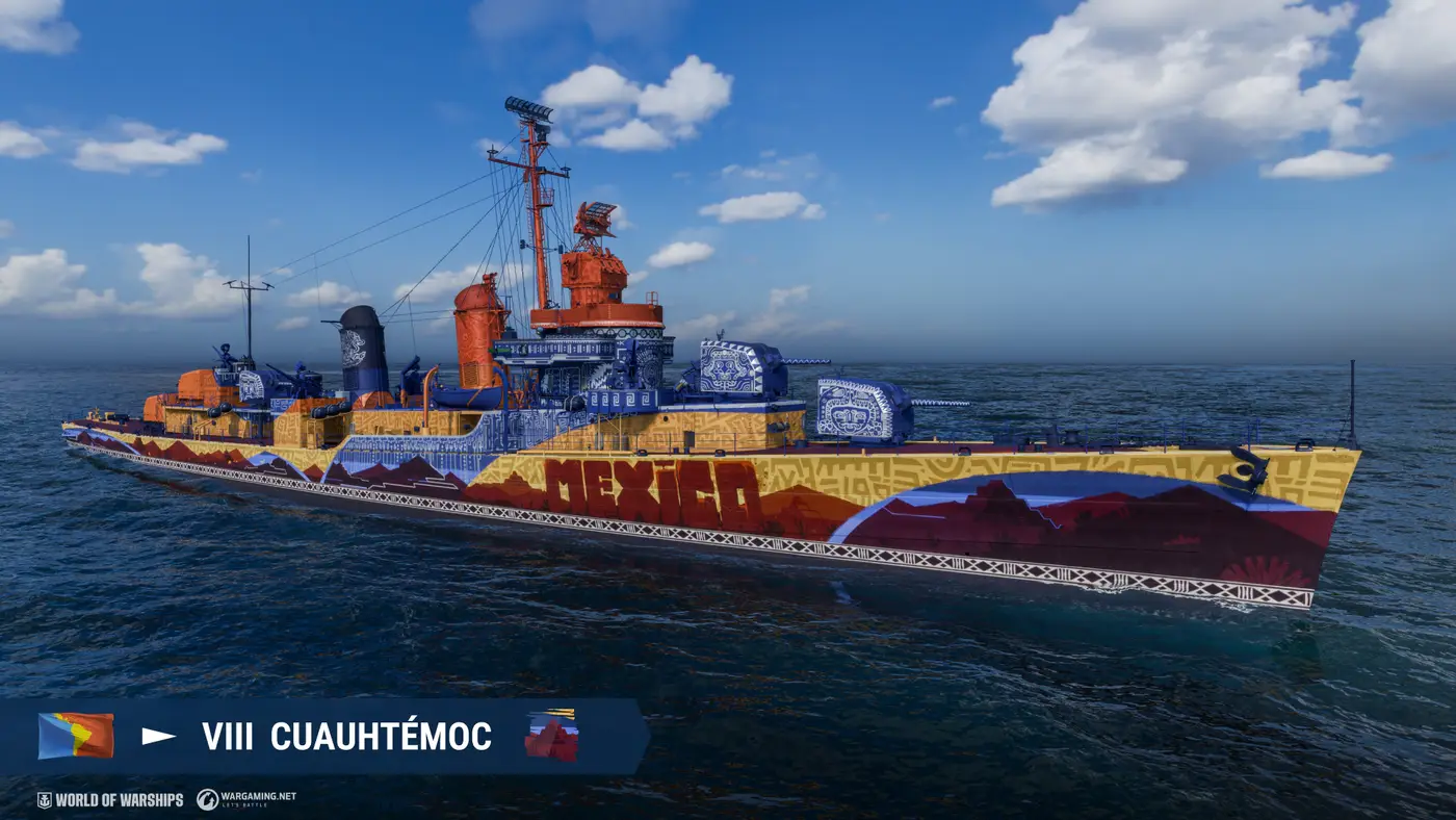 El Cuauhtémoc, destructor panamericano de Tier VIII en World of Warships, con camuflaje conmemorativo