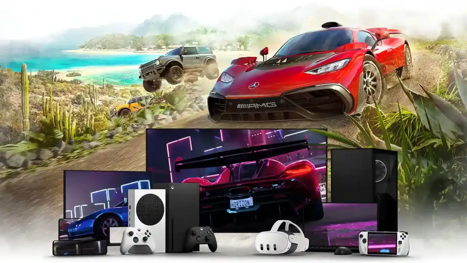 Consolas Xbox, televisores y dispositivos mostrando un juego con la app de Xbox