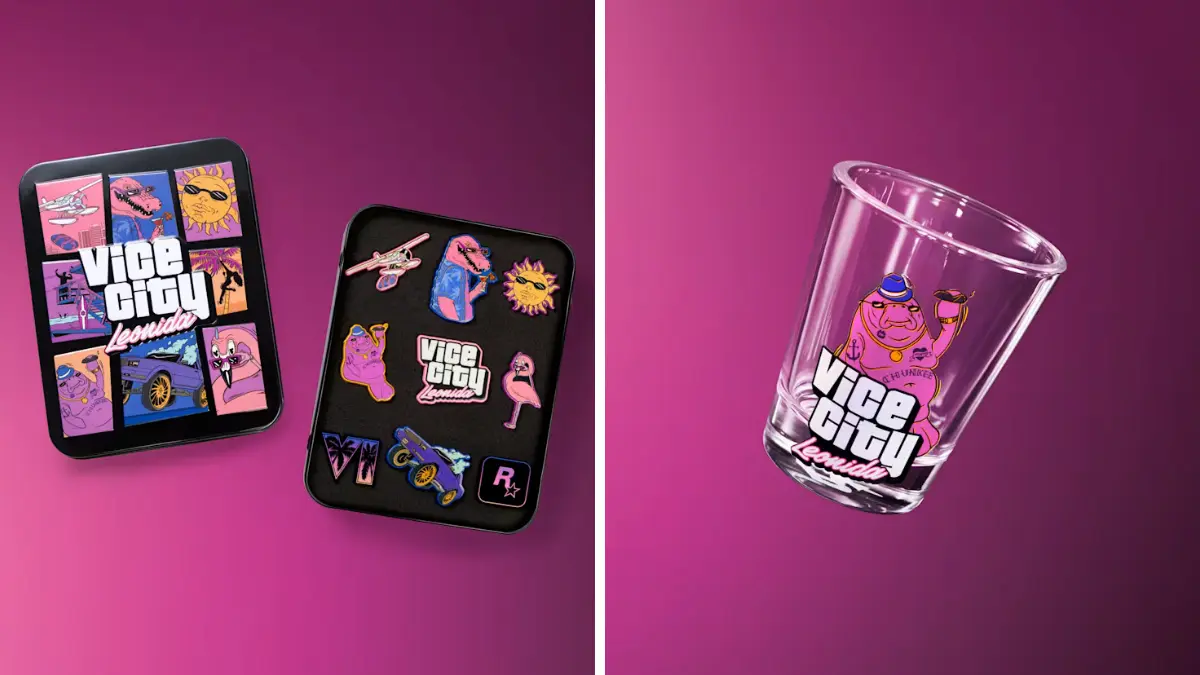 Set de pines esmaltados en lata metálica y vaso de shot de Chunkee el manatí, incluidos en la edición coleccionista de GTA 6