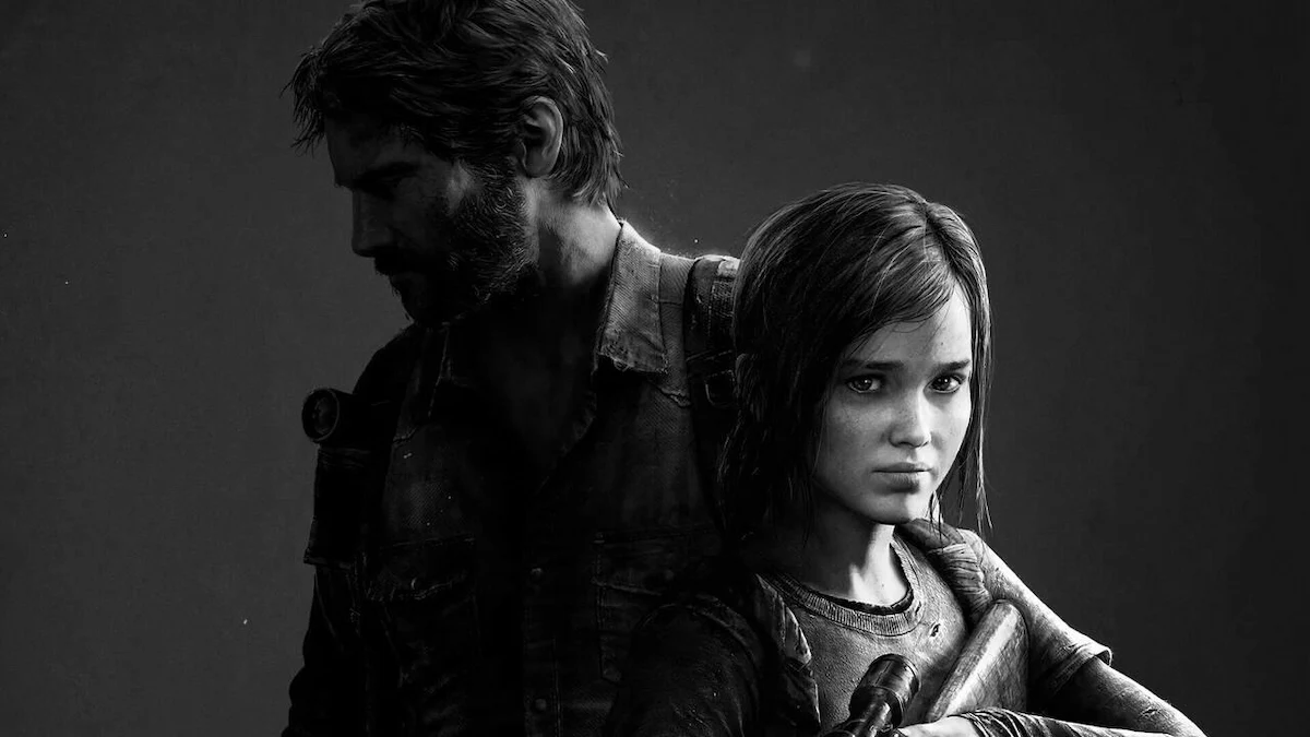 Arte en blanco y negro de Joel y Ellie, protagonistas de The Last of Us de Naughty Dog