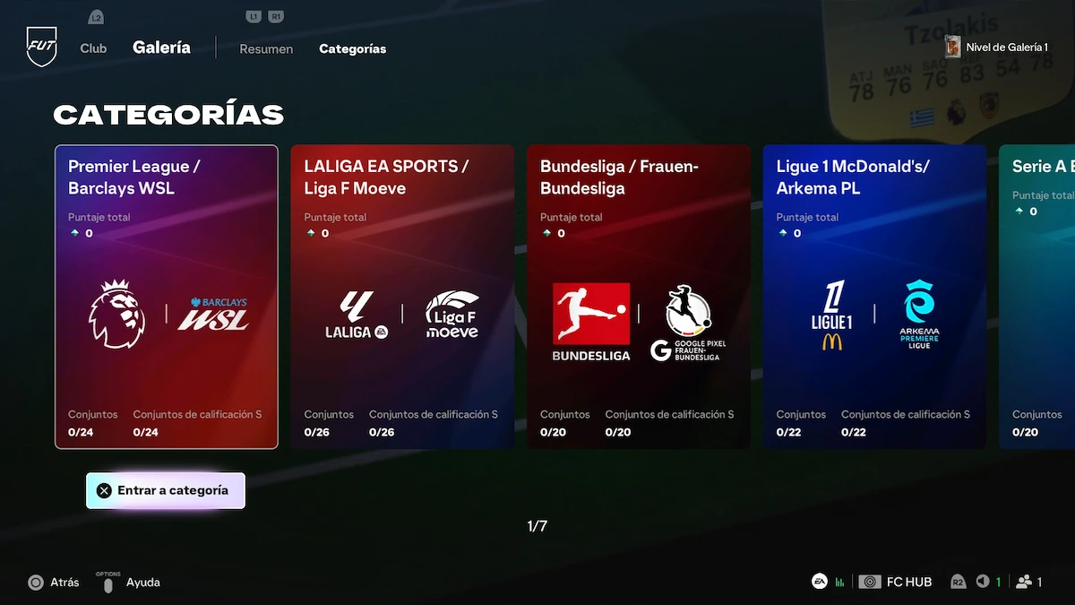 Categorías de la Galería FUT ordenadas por liga en EA Sports FC 27