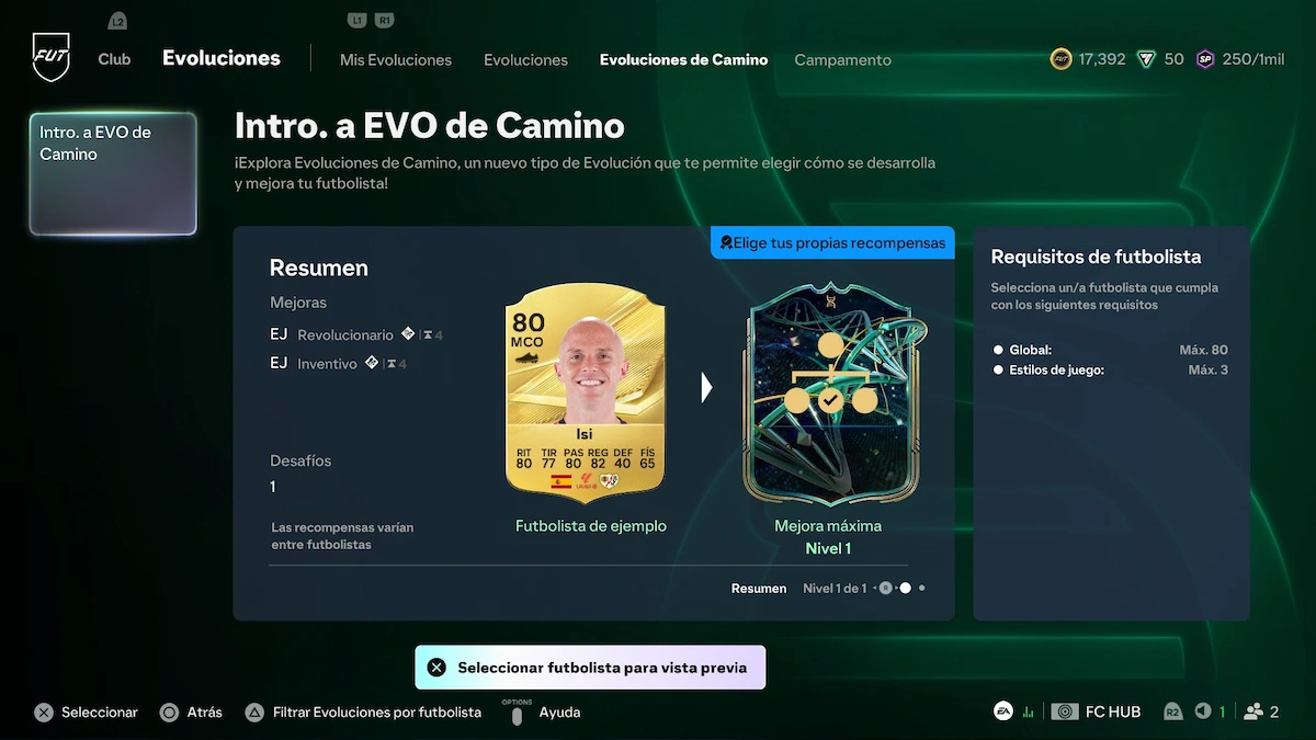 Pantalla de introducción a las EVOs de Camino ramificadas en EA Sports FC 27