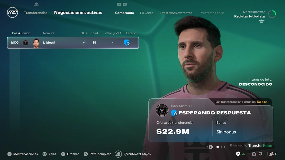 Negociación por Lionel Messi con datos de TransferRoom en el Modo Carrera de EA Sports FC 27