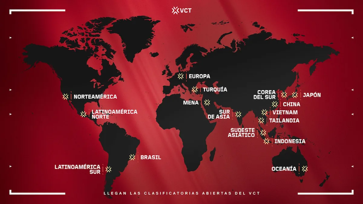 Mapa oficial de Riot con las 16 regiones que tendrán clasificatorias abiertas del VCT 2027, entre ellas Latinoamérica Sur