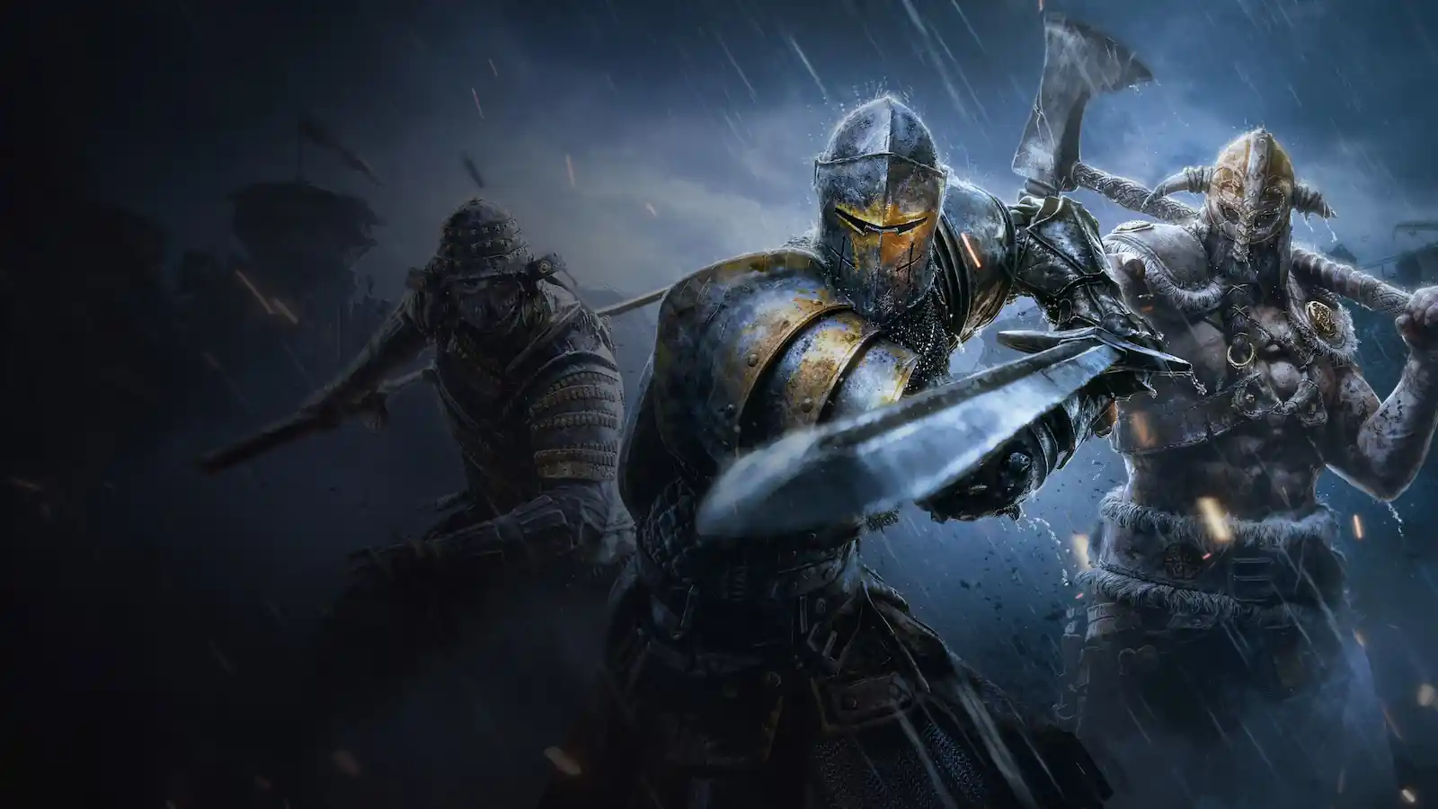 For Honor gratis en Ubisoft Connect: un caballero, un samurái y un vikingo pelean bajo la lluvia en el arte oficial del juego