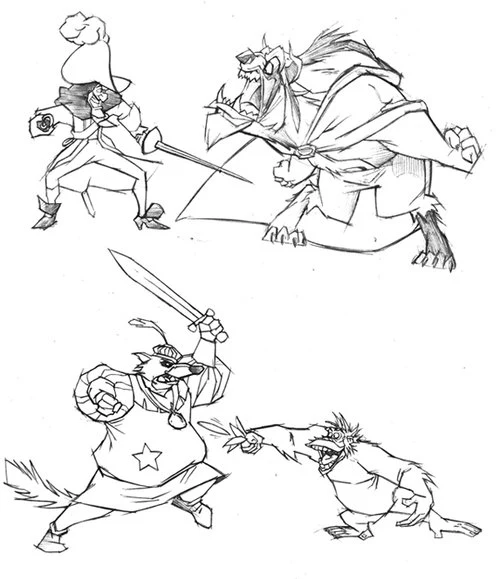 Boceto del Smash Bros de Disney: el Capitán Garfio con su espada frente a Bestia