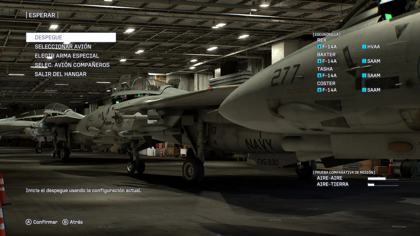 Menú de selección de avión en el hangar del portaaviones