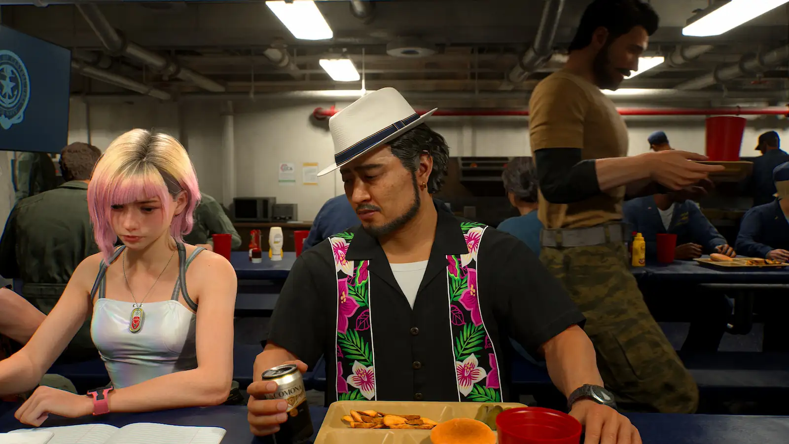 Los personajes del escuadrón comiendo en el comedor del portaaviones