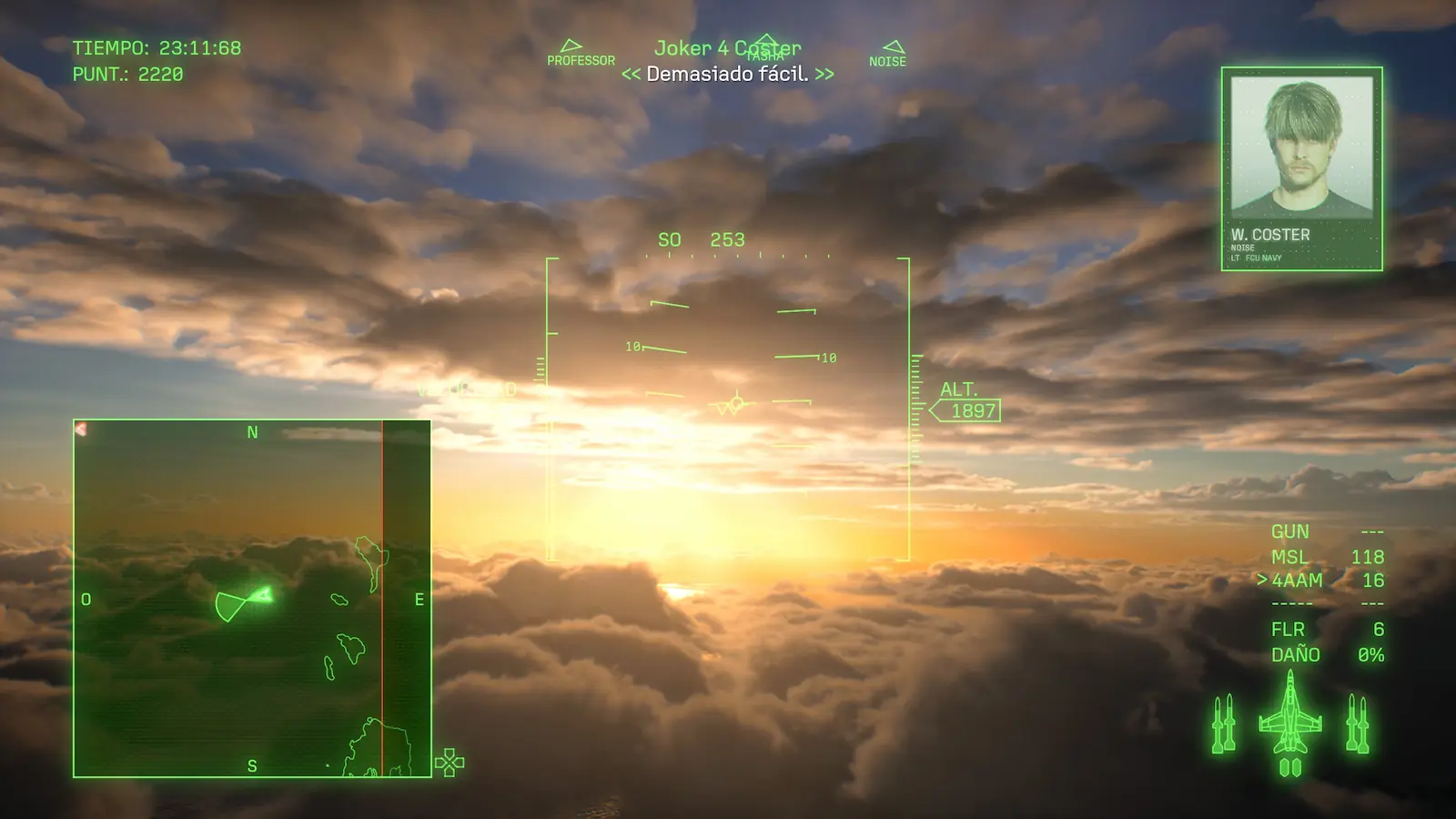 Vuelo sobre las nubes al atardecer con el HUD en pantalla