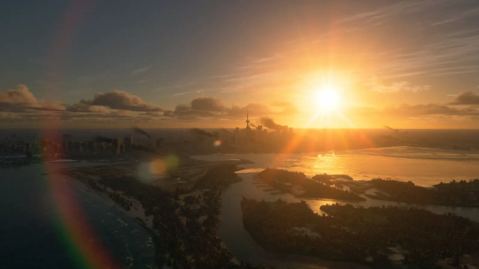 Atardecer sobre la costa visto desde el aire