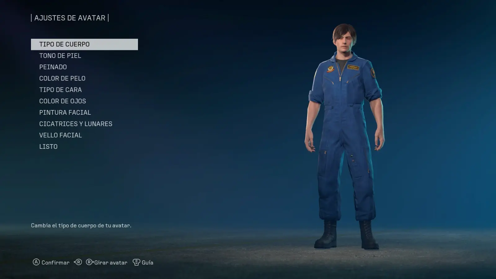 Creador de avatar del modo online de Ace Combat 8, con el piloto de cuerpo entero