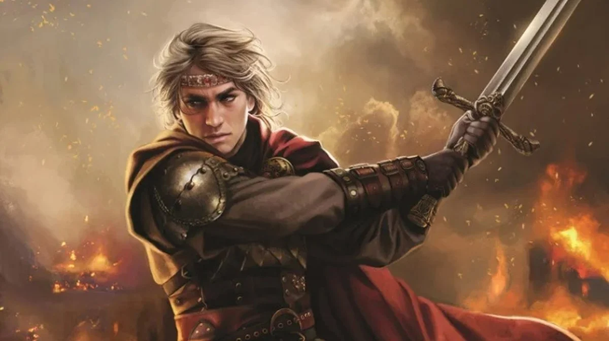 Ilustración de un guerrero Targaryen con espada frente a un castillo en llamas, en alusión a la película de Game of Thrones