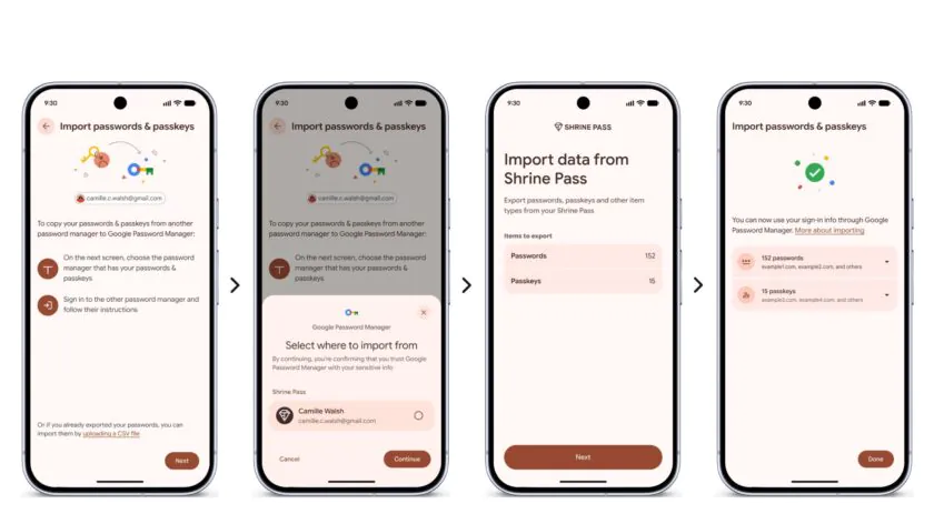 Capturas del flujo de importación de contraseñas y passkeys en Android, con las pantallas para elegir el gestor de origen y autorizar la transferencia