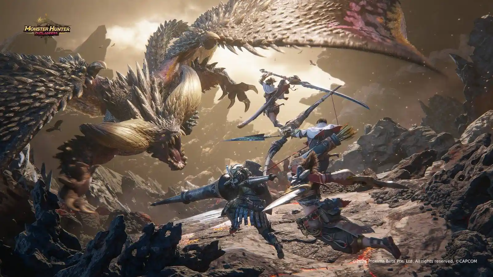 Arte oficial de Monster Hunter Outlanders con un grupo de cazadores enfrentando a un monstruo