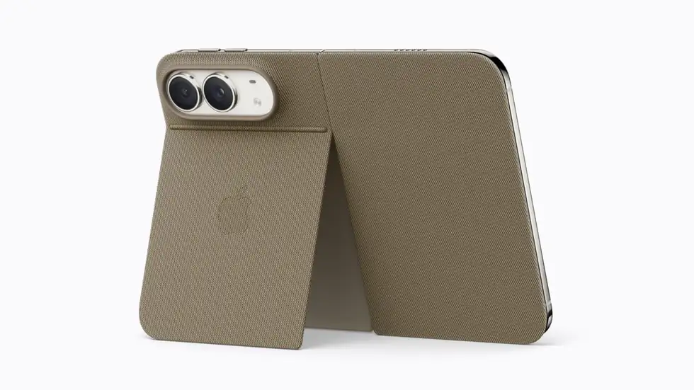 Funda de tela para el iPhone Duo plegada como atril, con las dos cámaras traseras a la vista