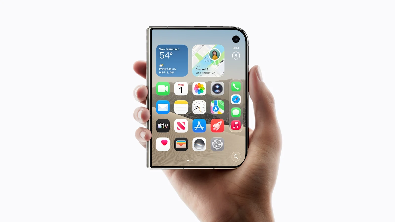 iPhone Duo cerrado sostenido en una mano, con la pantalla externa de 5,4 pulgadas encendida