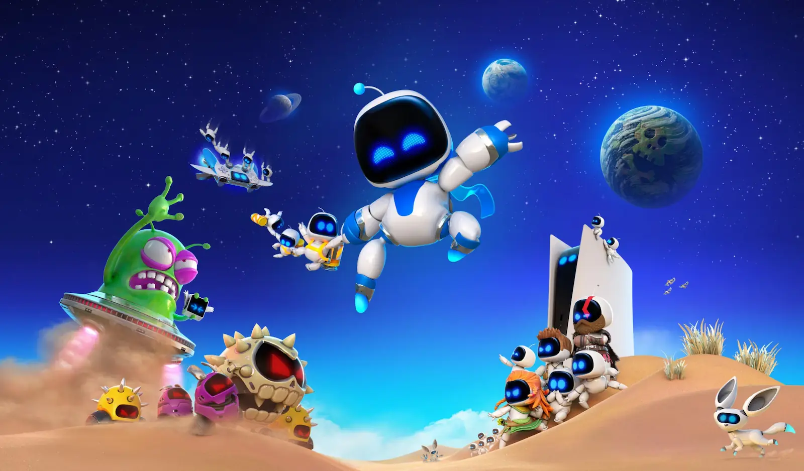 Astro Bot flotando sobre un desierto rodeado de sus robots y una PS5, en el arte del juego de PlayStation