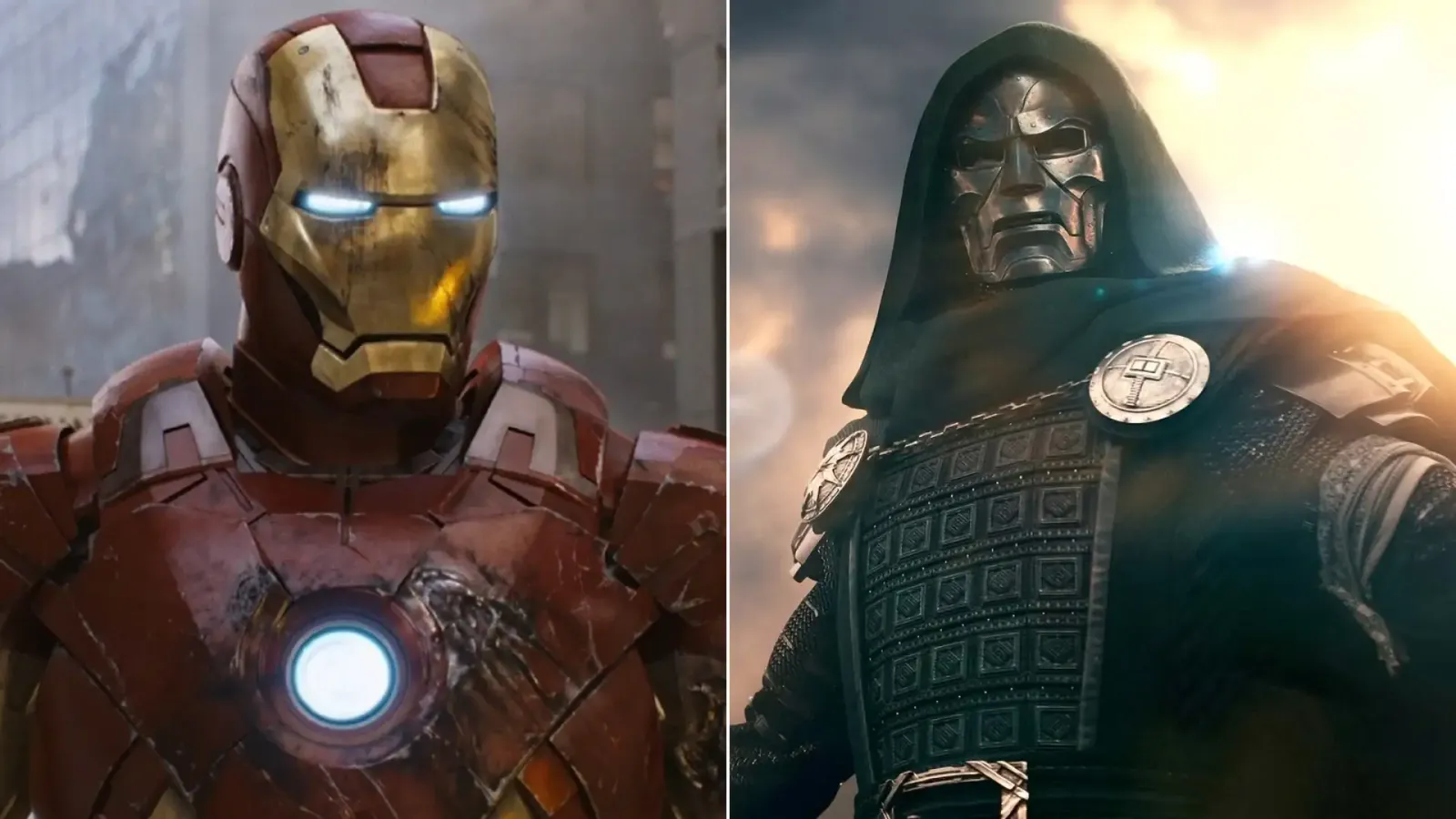 Iron Man y Doctor Doom, los dos personajes de Robert Downey Jr. en el MCU, en una imagen dividida