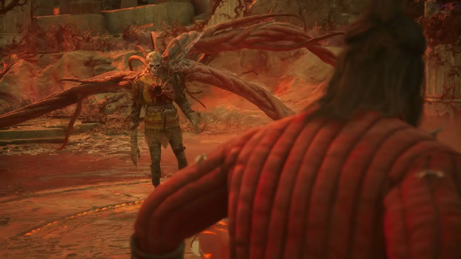 Coen frente a una criatura alada en un escenario teñido de rojo en The Blood of Dawnwalker