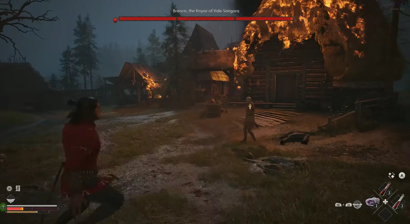 Coen enfrenta a Brencis frente a una aldea en llamas en The Blood of Dawnwalker