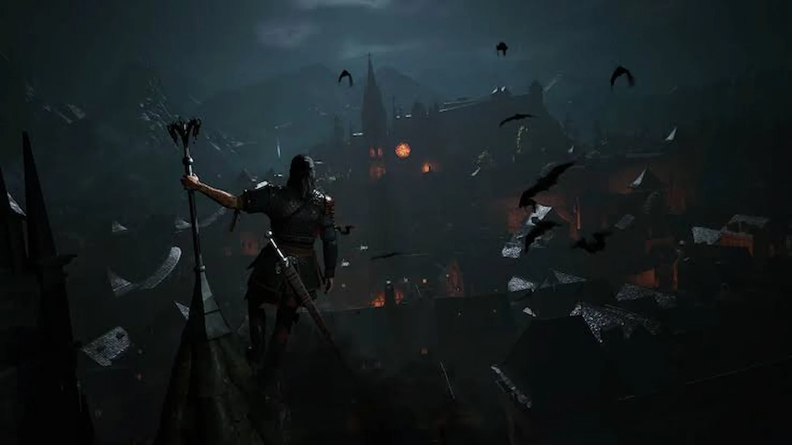 Una figura con armadura frente a un castillo de noche rodeada de murciélagos en The Blood of Dawnwalker