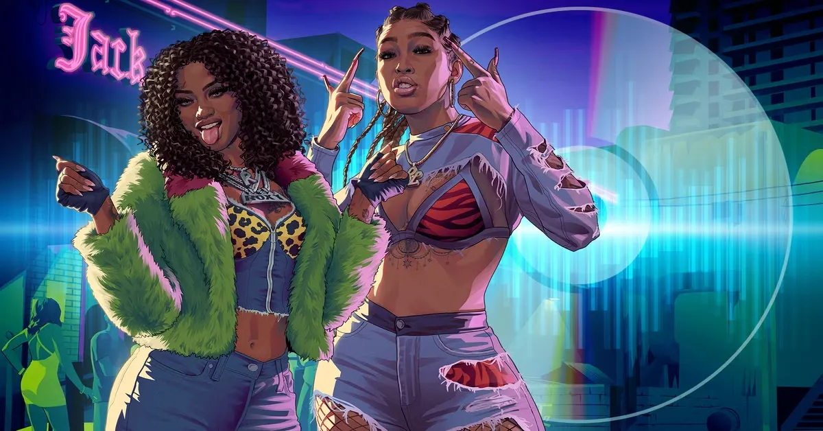 Ilustración con la estética de GTA VI: dos mujeres posando en una calle con carteles de neón