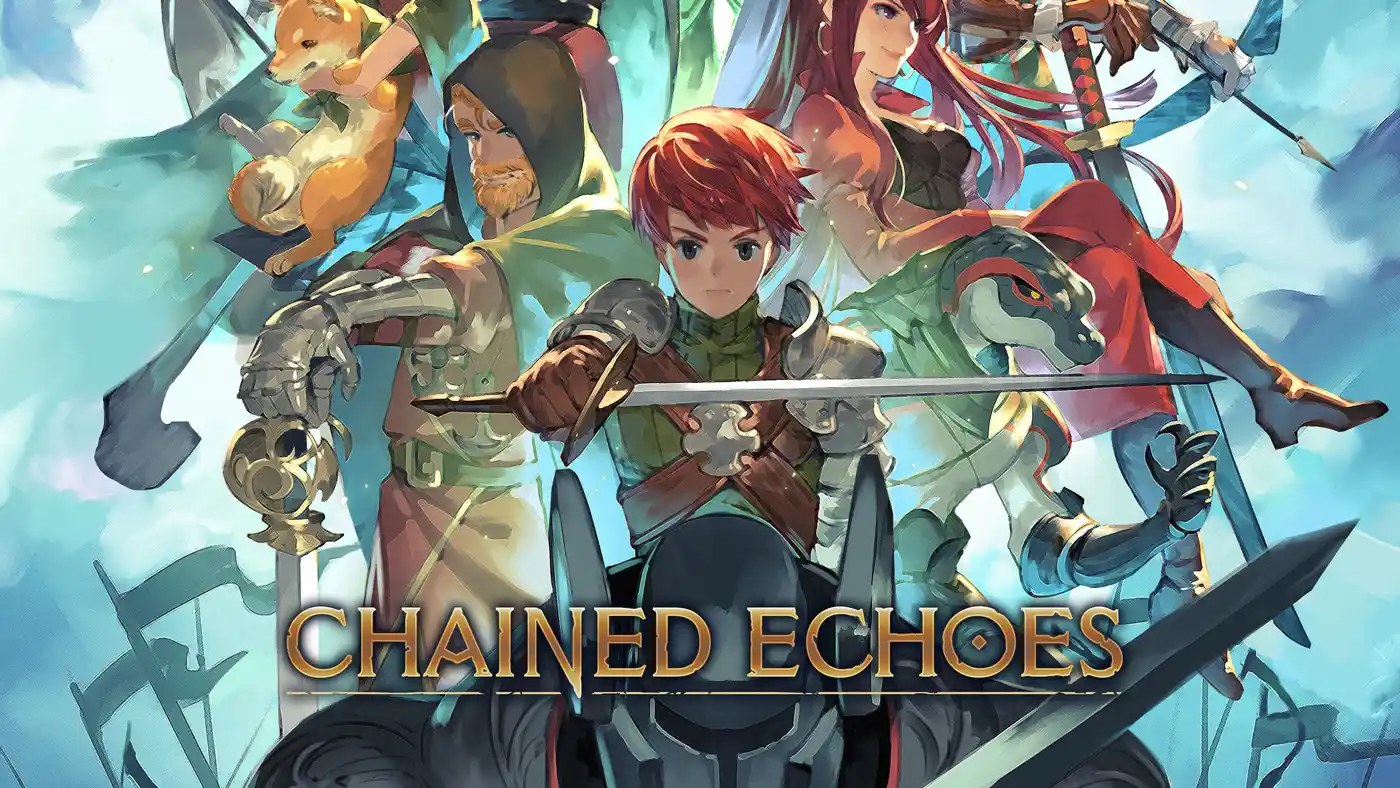 Arte de Chained Echoes con el protagonista pelirrojo empuñando una espada, rodeado por su grupo de héroes y un mecha asomando abajo