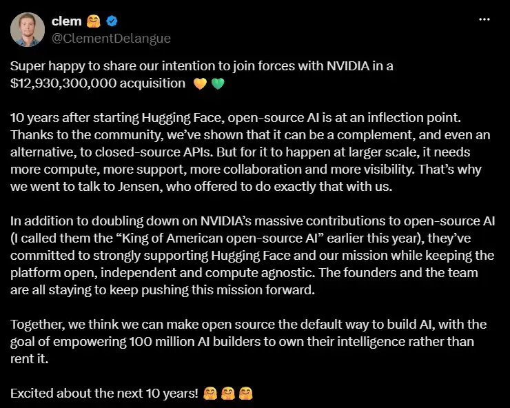 Captura del posteo de Clement Delangue en X donde anuncia la adquisición de Hugging Face por parte de NVIDIA