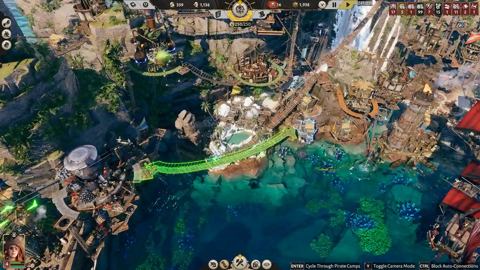 Vista aérea del asentamiento pirata con su puente y sus muelles en Corsair Cove
