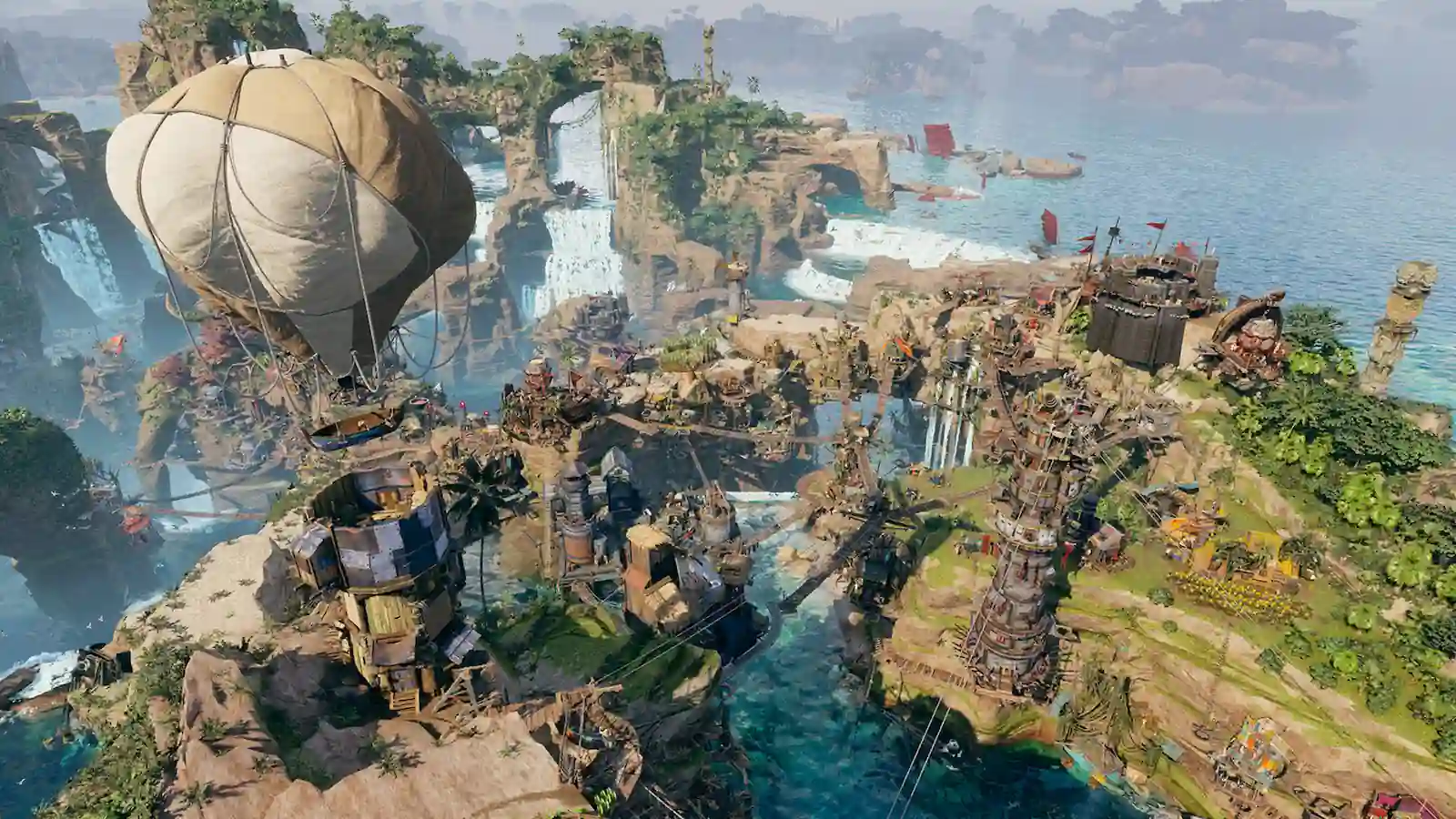 Un globo sobrevuela la ciudad pirata construida sobre los acantilados en Corsair Cove