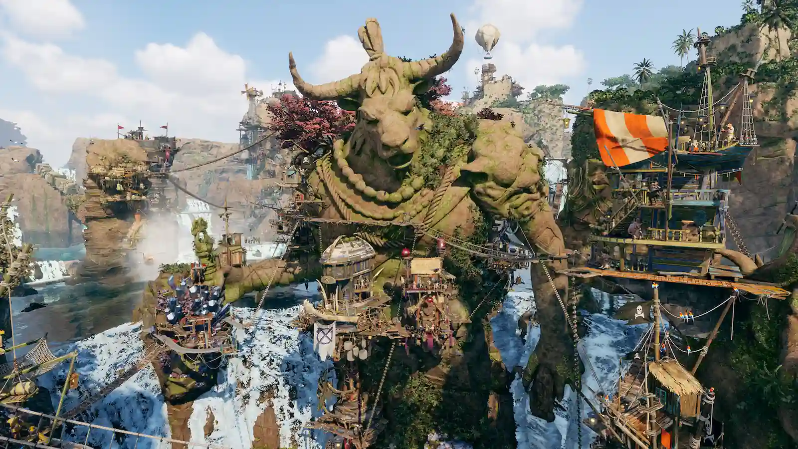 Una estatua gigante con cuernos domina el asentamiento pirata en Corsair Cove