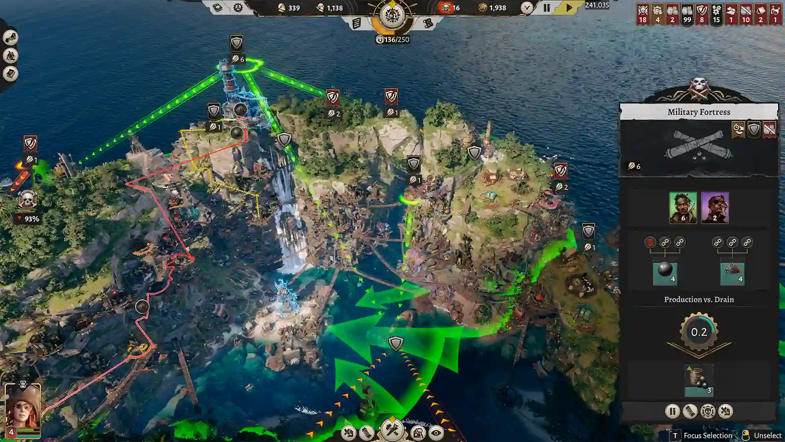 Mapa con rutas marítimas marcadas en verde y el panel militar del asentamiento en Corsair Cove