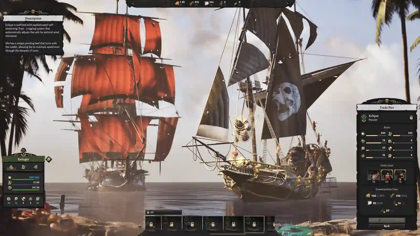 Dos barcos piratas de velas rojas junto al panel de gestión de la flota en Corsair Cove