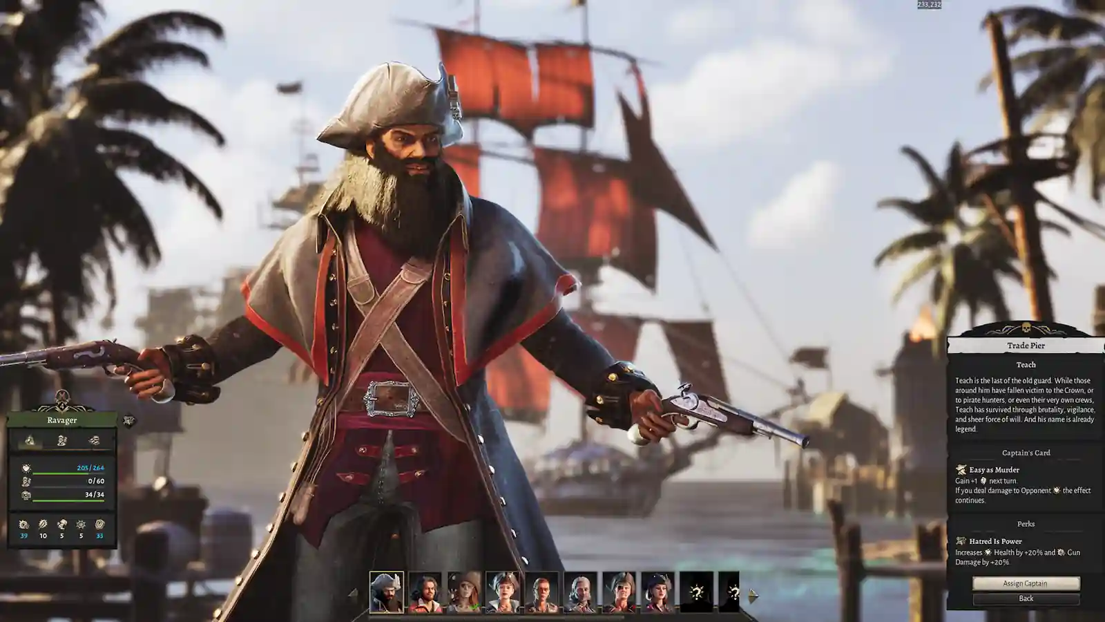 Ficha de un capitán pirata con sus dos pistolas en Corsair Cove