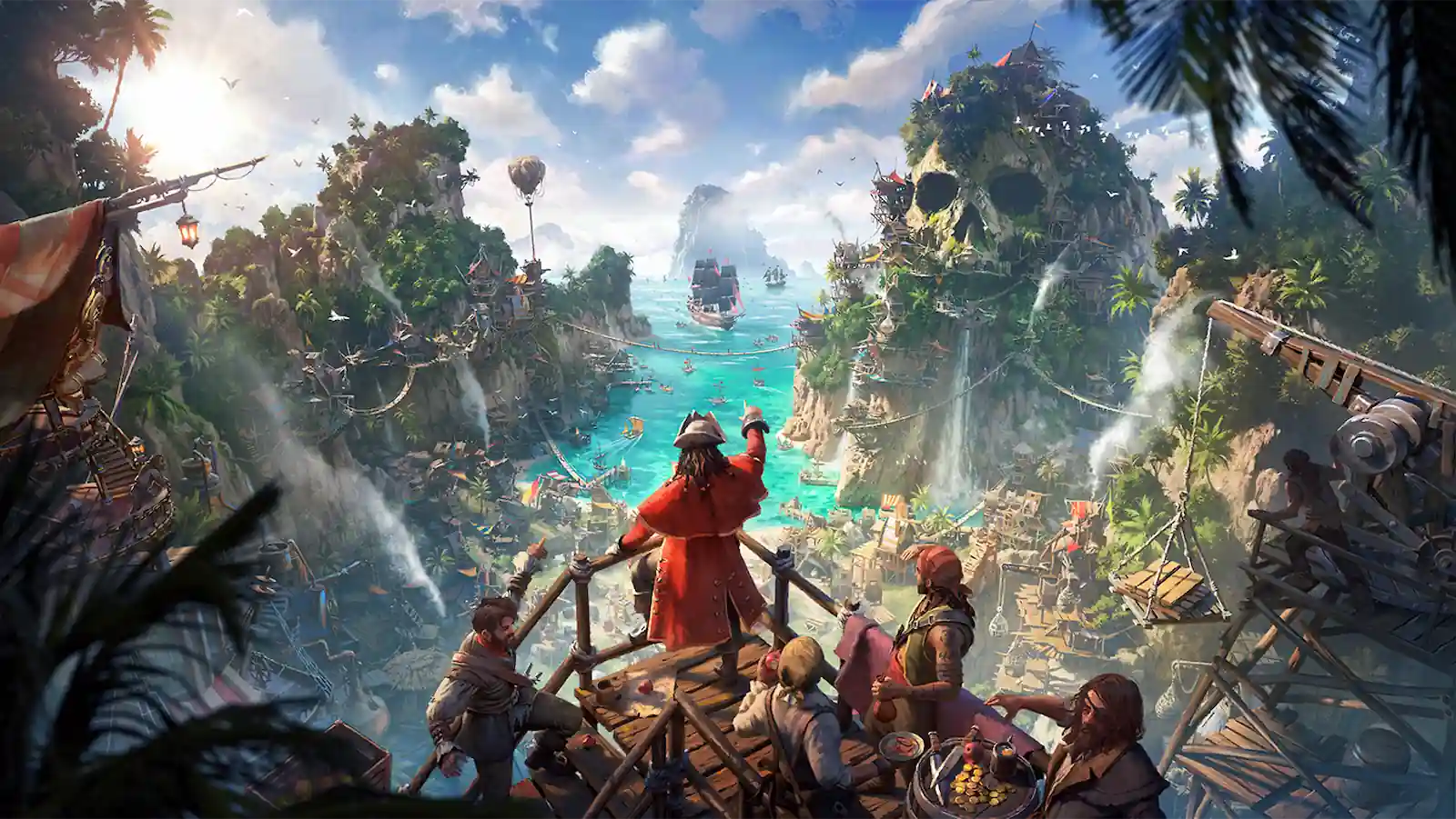 Piratas observan la bahía desde su asentamiento en un acantilado en Corsair Cove