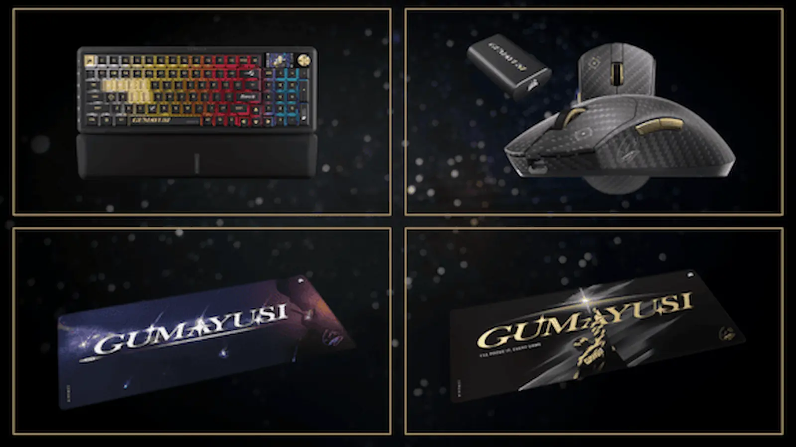 Las tres piezas de la colección Corsair x Gumayusi: teclado Vanguard Pro 96, mouse Sabre v2 Pro y los dos mousepads MM 2XL