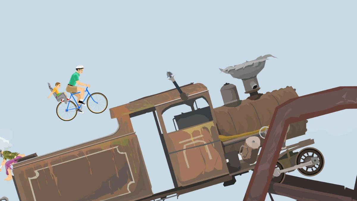 Captura de Happy Wheels: el personaje del padre en bicicleta con su hijo sobrevuela un tren oxidado en un nivel de la comunidad