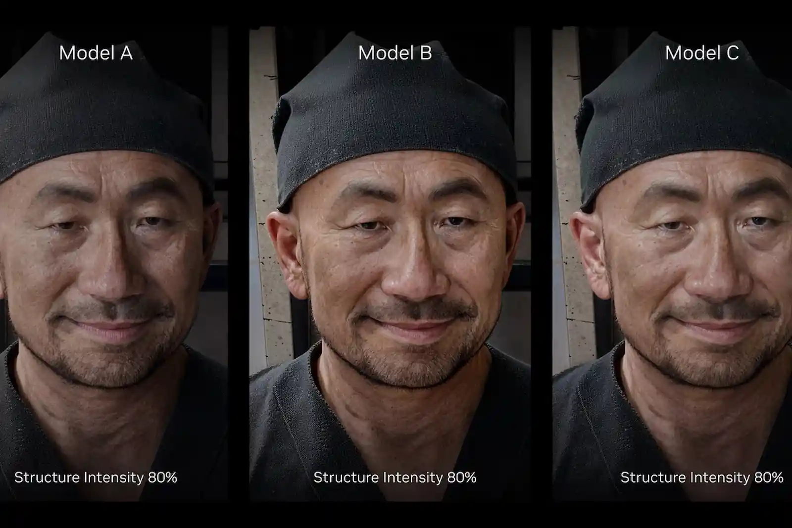 Tres modelos de IA distintos aplicados al mismo rostro con la misma intensidad de estructura