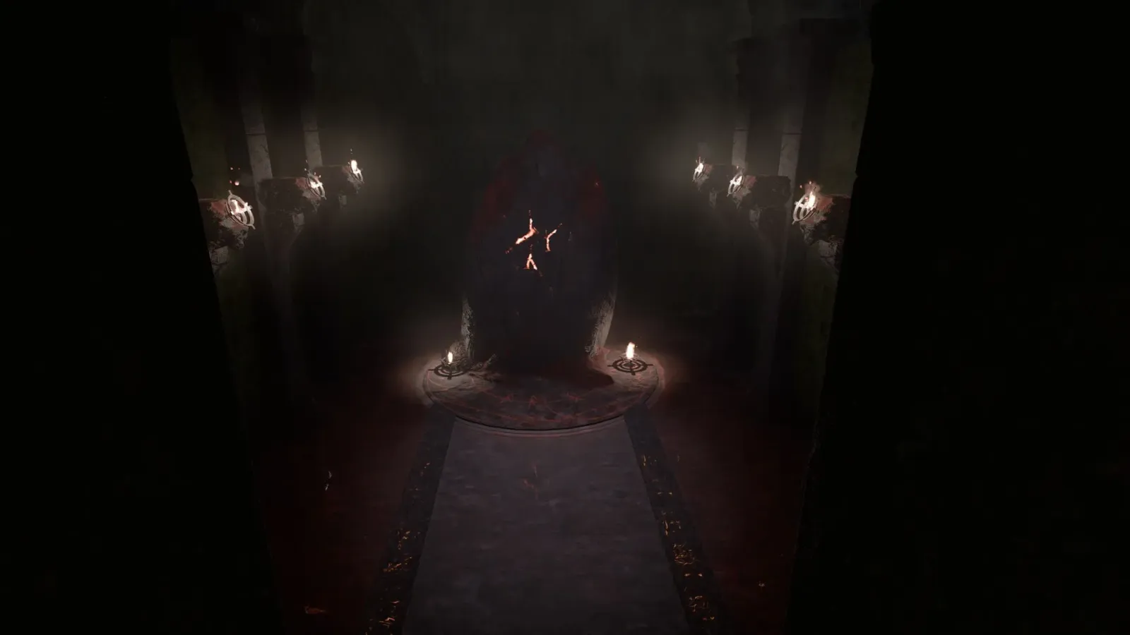 Pasillo oscuro iluminado por velas en la parte sobrenatural de De La Desgracia Nace