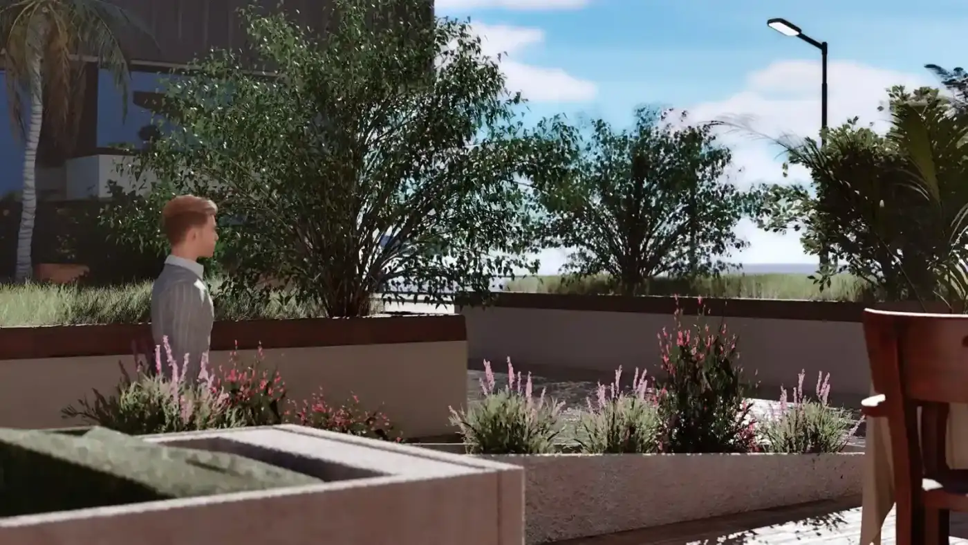 Paseo con canteros y plantas en un día soleado de Melián, la ciudad de De La Desgracia Nace