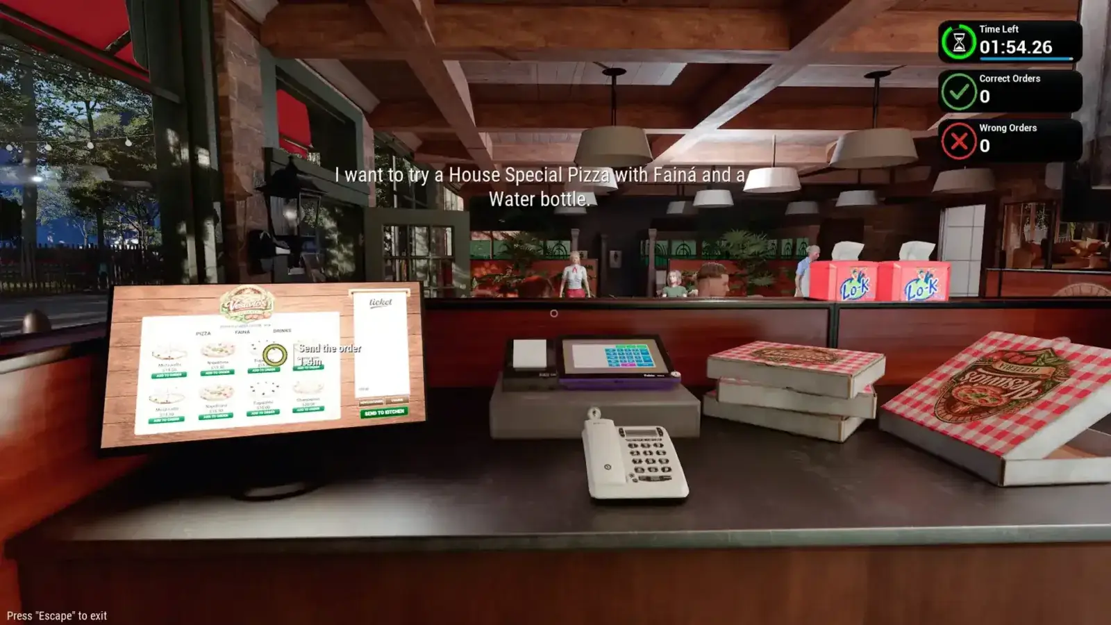 Mostrador de una pizzería con caja registradora y pedidos en pantalla en De La Desgracia Nace