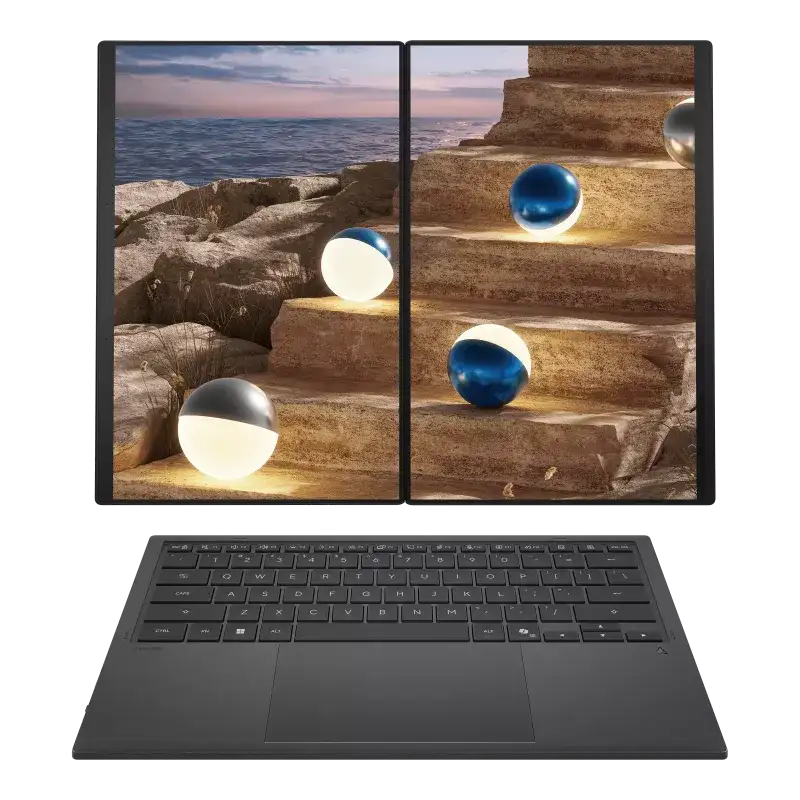 ASUS Zenbook DUO en modo escritorio, con las pantallas lado a lado sobre el soporte y el teclado adelante