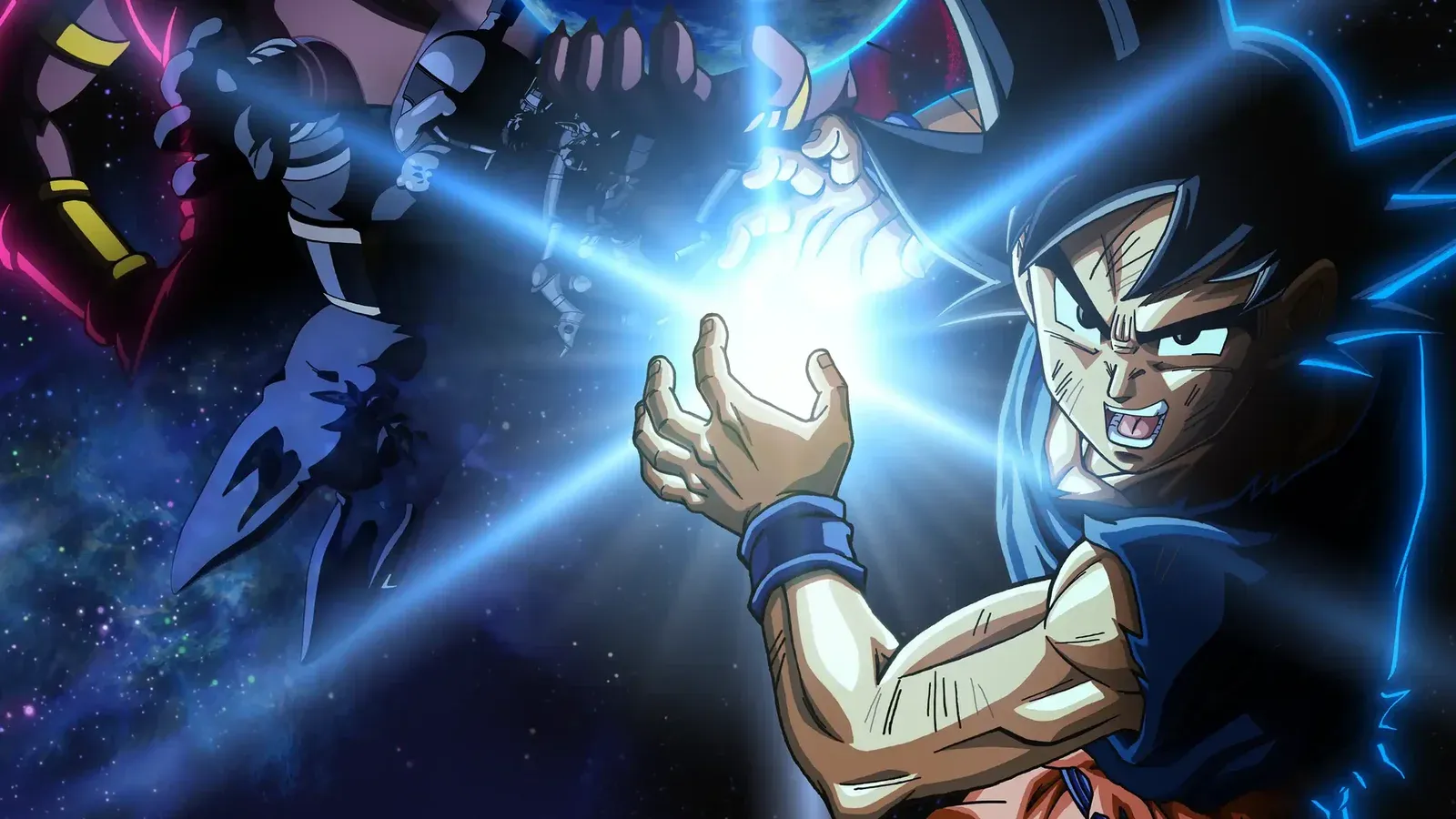 Goku concentrando una esfera de energia frente a la silueta de Beerus en el adelanto del remake de Dragon Ball Super