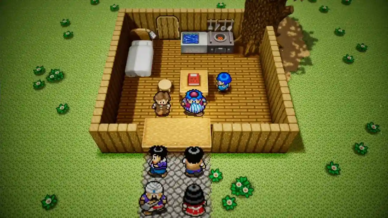 Torneko dentro de una casa del pueblo, con aldeanos en la puerta, en Torneko's Mystery Dungeon -Classic HD-