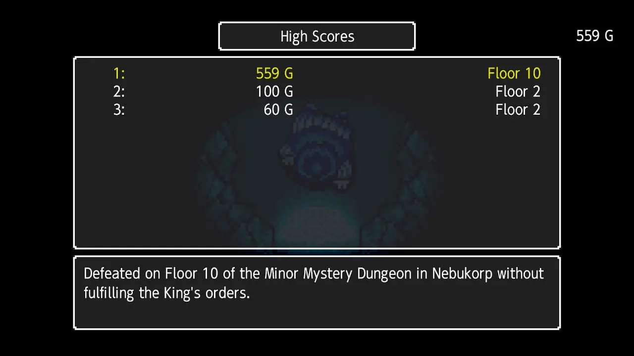 Tabla de puntajes tras perder en el piso 10 de la primera mazmorra de Torneko's Mystery Dungeon -Classic HD-