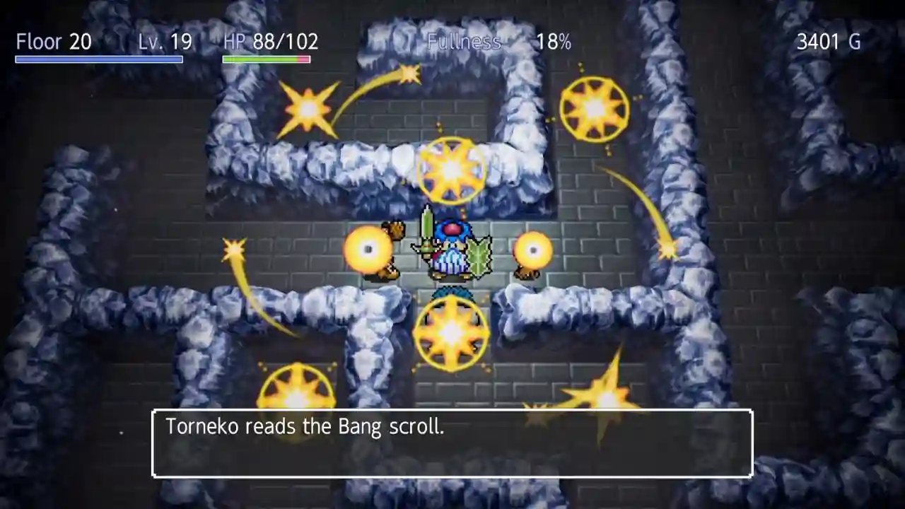 Torneko lee un pergamino de explosión en el piso 20 de Torneko's Mystery Dungeon -Classic HD-