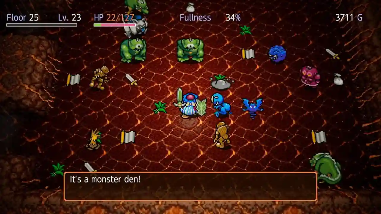 Torneko rodeado de monstruos en una guarida del piso 25 de Torneko's Mystery Dungeon -Classic HD-
