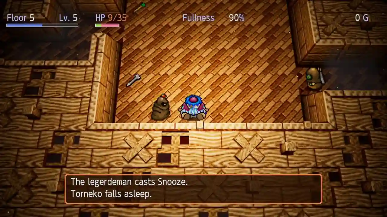 Un enemigo duerme a Torneko con un hechizo en el piso 5 de Torneko's Mystery Dungeon -Classic HD-